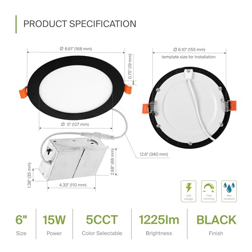 ASD 6 Pack LED Recessed Lighting 6 Inch 15W, 5 CCT 2700K-5000K CRI90+, IC Rated Ultra Thin Dimmable Ceiling Lights with J Box, Canless Wafer Downlight, Round Slim Panel Light, UL Energy Star, Black - color: Black, size: 6 Inch 6 Pack