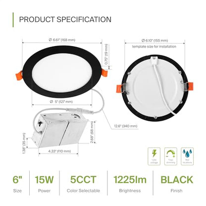 ASD 12 Pack LED Recessed Lighting 6 Inch 15W, 5 CCT 2700K-5000K CRI90+, IC Rated Ultra Thin Dimmable Ceiling Lights with J Box, Canless Wafer Downlight, Round Slim Panel Light, UL Energy Star, Black - color: Black, size: 6 Inch 15 Watt 12 Pack