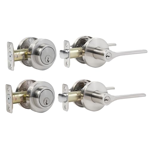 Keyed Alike Front Door Handle and Deadbolt Set, Exterior Door Lock Set with Deadbolt, Heavy Duty Round Door Knob and Deadbolt Lock for Front Doors, Satin Nickel, 2 Pack - size: 2pack-set