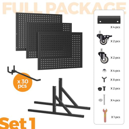 1 Pack 2x5ft Metal Pegboard Display Stand w/Wheels & 30 Hooks - color: Set 1