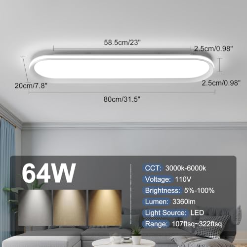 ADISUN Modern LED Ceiling Light Dimmable Linear Ceiling Light 31in Semi Flush Mount Long Lights with Remote Control and Side Lighting for Living Room Kitchen Dining Room - color: White-1Pack, size: 31 Inch