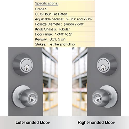 BRINKS Commercial - Keyed Entry Door Knob with Deadbolt Set, Satin Chrome Finish - Meets ANSI Grade 2 Standards
