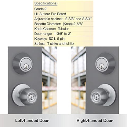 BRINKS Commercial - Keyed Entry Door Knob with Deadbolt Set, Satin Chrome Finish - Meets ANSI Grade 2 Standards