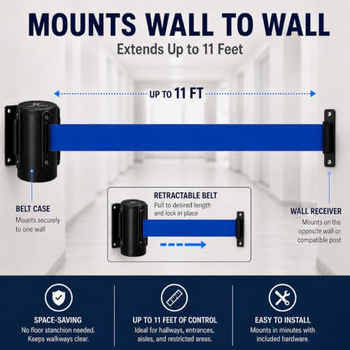 Crowd Control Warehouse 11 Ft Wall Mount Retractable Belt Barrier, Blue - color: Blue, size: Solid Color