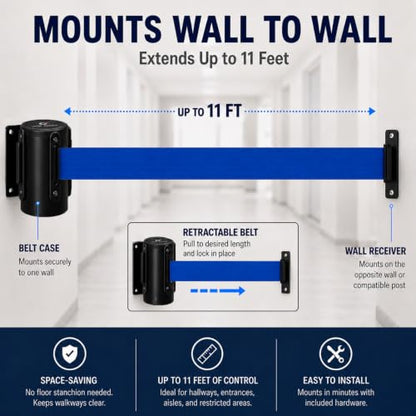 Crowd Control Warehouse 11 Ft Wall Mount Retractable Belt Barrier, Blue - color: Blue, size: Solid Color