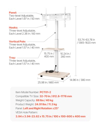 VEVOR Rolling TV Stand, Mobile TV Cart for 32-70 Inch Screens, 25° Left-Right Rotation and Height Adjustable TV Mount with Tray, Holds up to 88 lbs for Corner, Bedroom, Outdoor, Max VESA 600x400mm - style: with Trays