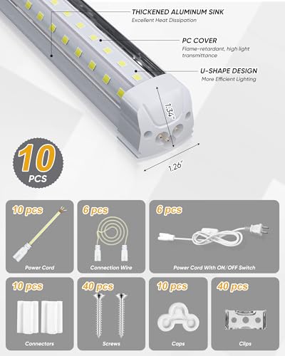 8FT 10 Pack LED Shop Lights, 120W 19200LM 6000K Garage Lighting - size: 19200LM-10Pack-300° Wide Beam