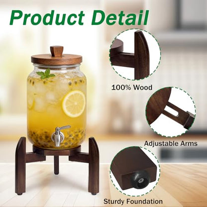 Drink Dispenser Stand Adjustable Width for 5-Gal Jugs & Beverage Jars with Round Flat Tray - Sturdy Walnut Holder for Water Coolers, Plant Pots (Walnut wood color)