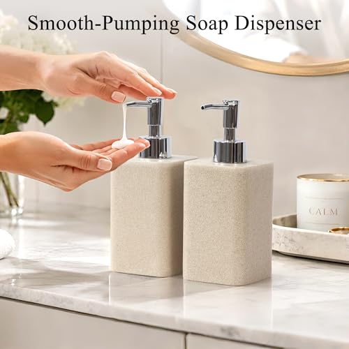 YMXYJM 2 pcs Hand Soap Dispenser Set - 11oz Refillable Resin Liquid Soap Dispensers with Rustproof Pump, Lotion Dispenser Includes Silicone Funnel for Bathroom Countertop or Kitchen, Beige - color: Beige