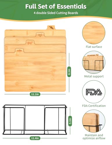 Bamboo Cutting Board Set with Meatal Stand, Lexda 4PCS Eco-Friendly Labeled Tabs Cutting Board, Durable Cutting Boards Kitchen For Chopping Fruit, Meat, Cheese, Veggies - 11" x 8"