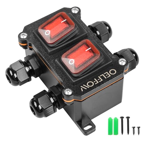 Waterproof On Off Toggle Switch Double Switch with Red Light Rocker Button Inline Cord Switch DPST AC/DC 20A-125V,16A-250V,30A-24V,35A-12V, IP66 4 Exit - color: Red/2 Switch/4 Outlet
