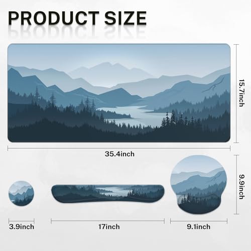 Arttown Keyboard Mouse Pad Set, 4 in 1 Desk Mat Set Mountains Blue - color: Blue Mountains