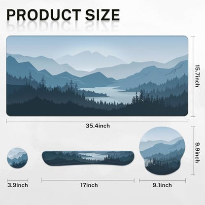Arttown Keyboard Mouse Pad Set, 4 in 1 Desk Mat Set Mountains Blue - color: Blue Mountains
