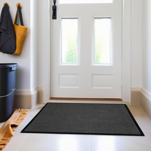 Door Floor Entrance Mat 3x4Ft Brush Step Entrance Rug with Striped Pattern&Rubber Border Indoor Outdoor Low Profile Rubber Entry Carpet Mat for Hallway,Home,High Traffic Area,Black - size: 3' x 4'