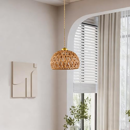 7.7" Dome Hemp Rope Pendant Light, E26 Gold Woven Adjustable Hanging Lamp - color: Basket Shape, size: 8 inch