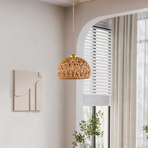 7.7" Dome Hemp Rope Pendant Light, E26 Gold Woven Adjustable Hanging Lamp - color: Basket Shape, size: 8 inch