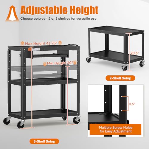 Extra-Large 3-Tier Utility Cart with Built-in Power Strip – Heavy-Duty 14-Gauge Steel Rolling Cart for Office, Workshop, or Classroom – 300 Lb Capacity (34" x 18" x 41.75") - style: Large AV Cart with Keyboard Tray(M-AV-JL)
