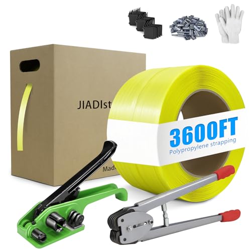 Heavy Duty Banding Strapping kit Contain 1/2" x3600' Polypropylene Packaging Straps & 300 Metal Seals 100 Plastic Edge Protectors Tensioner with Cutter Sealer Tool Glove - size: PP-kit-max