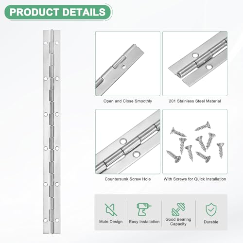 M METERXITY 2-Pack Piano Hinges, 16 Inch / 400mm Stainless Steel Continuous Piano Hinge with Holes and Screws for Cabinets Door/Storage Box [1.2X 0.06/ 30x1.5mm Open Width Thick, Silver Tone] - color: Silver Tone, size: 16x1.2x0.06"