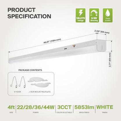 ASD 4ft LED Linear Strip Light Fixture, 3500K 4000K 5000K UL DLC - color: White, size: 4FT