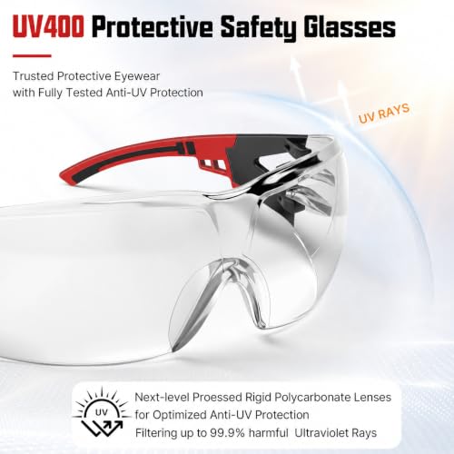 24 Pack Clear Safety Glasses Bulk for Men Women ANSI Z87.1 UV Protection - color: Red