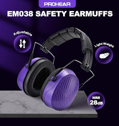 PROHEAR 038 Ear Protection Safety Earmuffs for Mowing, 28dB Noise Reduction Passive Hearing Protector, Compact Foldable Headset for Shooting Construction Power Tools, Purple - color: Purple