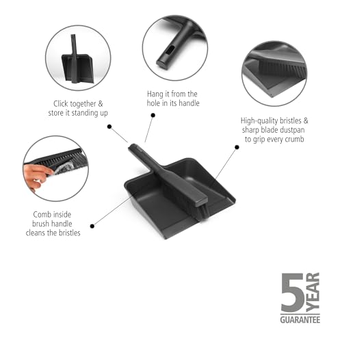 Brabantia Dustpan and Brush Set - Dark Gray | Dust Pan and Brush with Comb | Click-Together Storage | Effective Sweep Up | Space-Saving Cleaning Tool | Hand Brush & Pan | 13 x 3.5 x 9.4 in