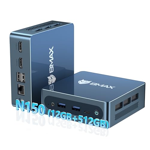 Bmax Mini PC B4 Ultra, Intel N150 (Up to 3.6GHz) 12GB LPDDR5 512GB SSD, Windows 11 Mini Desktop Computer, Dual 4K HDMI 2.1, WiFi 5, BT 5.0, USB-C – Small PC for Streaming, HTPC & Digital Signage - color: Blue