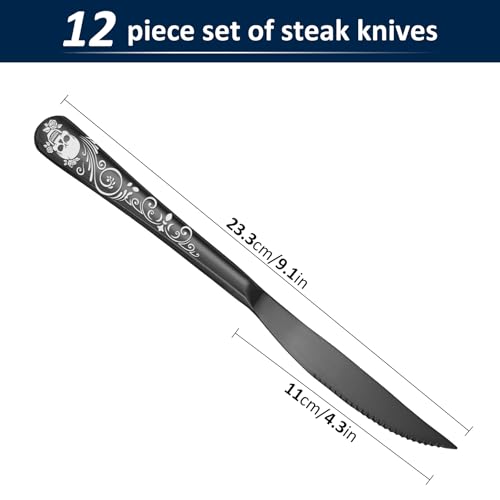 Skull Ultra Sharp 2-IN-1 Serrated Knives, SANLUNS Chef Knife Set Serrated Knives of 12 - Professional Design Collection - 18/0 Stainless Sharp Dinner Knive Unique Skull Pattern Design - color: 10-Steak Knife-12Pc-Black-Skull