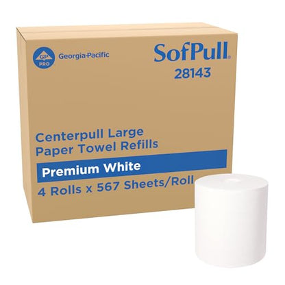 Georgia-Pacific SofPull Centerpull Large Premium Paper Towels, Commercial Bathroom Dispenser Rolls, 567 Sheets Per Roll, 4 Rolls Per Case, White, 28143 - size: 4 Count (Pack of 1)