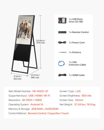 VEVOR 32 in Indoor Digital Signage Floor Standing Advertising Display Kiosk, WiFi HDMI/USB Input Android OS, 178° Wide View, LCD Touchscreen Interactive Monitor, Commercial Totem Vertical Poster - size: 32"-Touchscreen