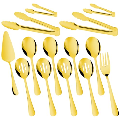 14PCS Serving Utensils - Hostess Serving Utensils Set, Premium Stainless Steel 8.7 inch Serving Utensils, Slotted Spoons, Fork, Tongs, Cake Pie Server for Buffet, Wedding, Dinner (Gold) - color: Gold
