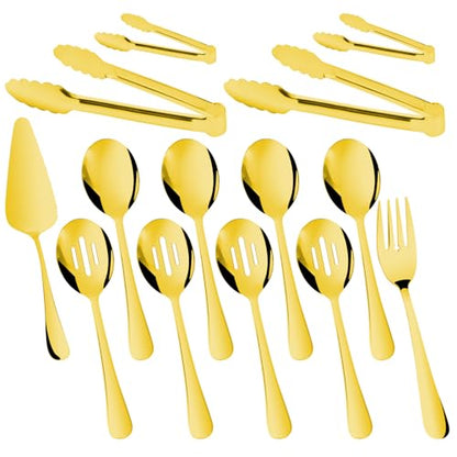 14PCS Serving Utensils - Hostess Serving Utensils Set, Premium Stainless Steel 8.7 inch Serving Utensils, Slotted Spoons, Fork, Tongs, Cake Pie Server for Buffet, Wedding, Dinner (Gold) - color: Gold