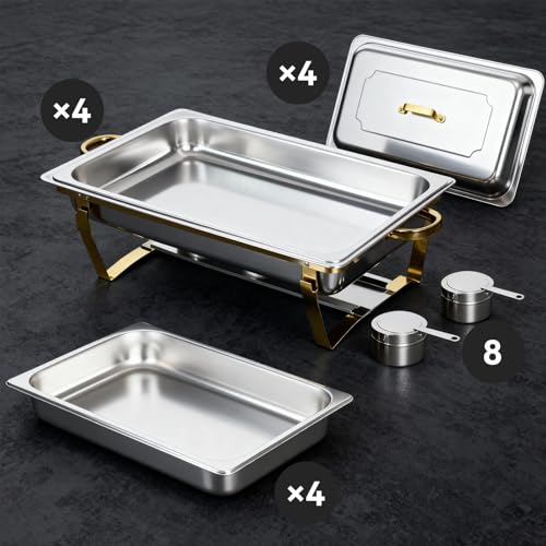 9Qt Chafing Dishes for Buffet, Gold Stainless Steel Chafing Dish Sets, Food Warmers for Parties, Buffet Servers and Warmers, Warming Trays for Buffets Party, Catering Supplies Buffet Display, 4 Pack - color: Gold-004