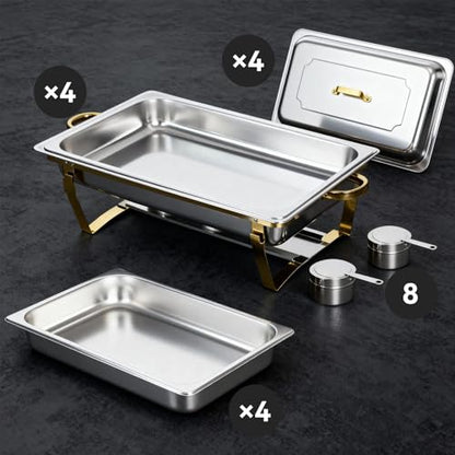 9Qt Chafing Dishes for Buffet, Gold Stainless Steel Chafing Dish Sets, Food Warmers for Parties, Buffet Servers and Warmers, Warming Trays for Buffets Party, Catering Supplies Buffet Display, 4 Pack - color: Gold-004