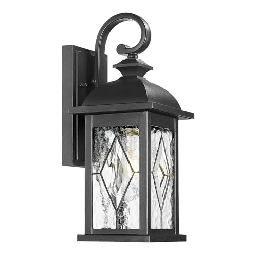 FEMILA Outdoor Wall Light Fixture,1-Light Exterior Waterproof Wall Sconce, Front Porch Lights, Matte Black Finish with Water Ripple Glass, UL Listed, 4FD54B BK-SD - color: Matte Black, Lozenge Pattern, size: 15", Single Unit