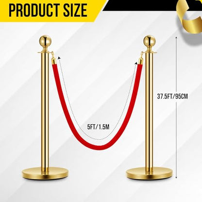 2 PCs Gold Stanchion Posts with 5ft Red Velvet Ropes, Stainless Steel Retractable Barrier Set, Crowd Control Barriers for Events, Parties, Theaters, Museums (2 Posts & 1 Ropes)