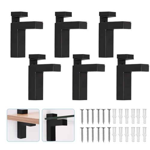 Adjustable Glass/Wood Shelf Brackets 6 Pcs Heavy Duty Zinc Alloy Clamp Holders for 3~28mm Thickness, Wall Mount Support for Bathroom Kitchen Garden, Rust Resistant - color: Black, size: 6 Pieces