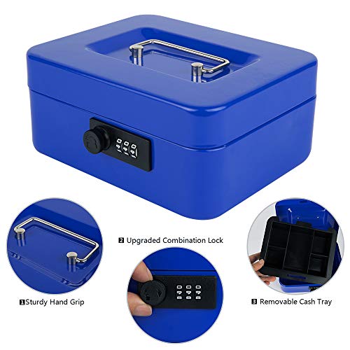 KYODOLED Cash Box with Combination Lock,Safe Metal Box for Money,Storage Lock Box with Money Tray,7.87"x 6.30"x 3.54" Blue Medium - color: Blue (Pack of 1), size: Medium