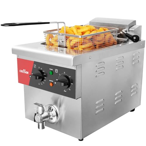 CROSSON 8L Countertop Electric Deep Fryer with Draining Valve,Solid Basket and Lid for Restaurant Use 120V,1800W Stainless Steel Commercial Deep Fryer - size: Single Tank,8L