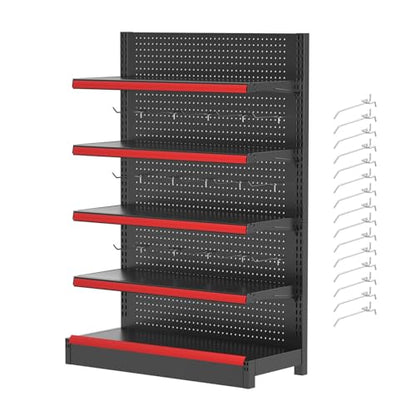 5-Tier Retail Gondola Shelving Unit with 15 Hooks, Heavy Duty Adjustable Store Display Rack, Metal Gondola Shelf for Grocery, Convenience Store, Liquor & Retail Shop(LxWxH 48x17x53in) - size: LxWxH 48x17x53in