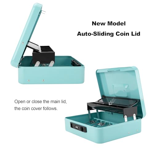 Cash Box with Snap Latch Combination Lock and Sliding Coin Lid, Secure Cash Box with Money Tray and Lock, Durable Safe Money Box for Home and Office,Teal,11.8"L x 9.5"W x 3.5"H - color: Robin's Egg