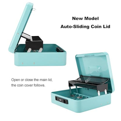 Cash Box with Snap Latch Combination Lock and Sliding Coin Lid, Secure Cash Box with Money Tray and Lock, Durable Safe Money Box for Home and Office,Teal,11.8"L x 9.5"W x 3.5"H - color: Robin's Egg