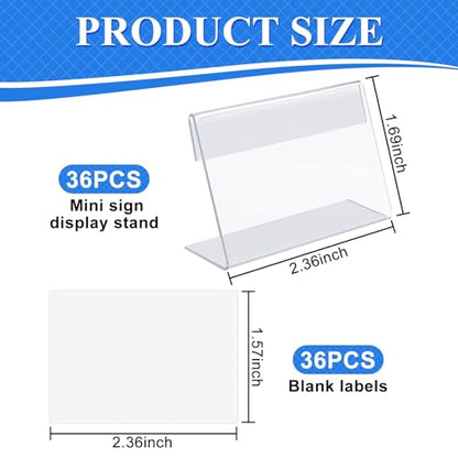 36 Mini Acrylic Sign Holder Name Card Price Tag Label Holder with 36 PCS Blank Labels Slanted L-Shape Plastic Name Card Price Card Tag Label Counter Top Stand