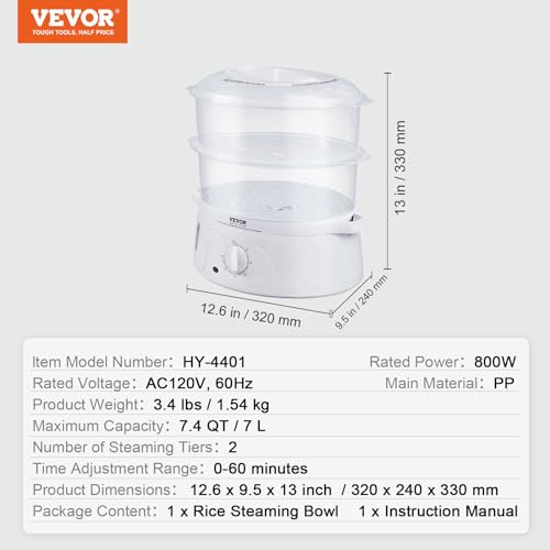 VEVOR Electric Food Steamer, 7.4Qt Electric Vegetable Steamer with 2-Tier Stackable Trays, Food-Grade Food Steamer for Cooking with 60 Min Timer, Auto Shut-Off & Boil Dry Protection (800W) - size: 2-Tier