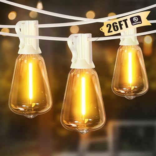 LAMPHOME Outdoor String Lights, 26FT Patio Lights with 12+1 ST38 LED Edison Bulbs (1 Spare), Connectable String Lights for Outside, Dimmable Hanging Light for Backyard Porch Decor, Warm White - color: Warm White-White Wire, size: 26FT