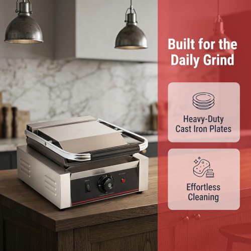 Commercial Panini Press With Grooved Grill Sandwich Maker Machine Electric Contact Grill Single (Single Grooved Top&Bottom) - style: Single Grooved Top&Bottom