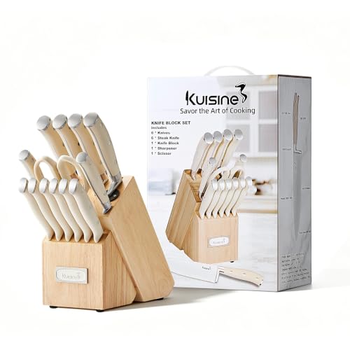KUISINE Upgraded Knife Set High Carbon Stainless Steel Sharper Blade Ergonomic Handle,Knife Block Set with Built- in Sharpener(Ivory Pro Acacia,15PCS) - color: Ivory Pro