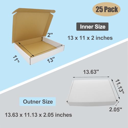13x11x2" Shipping Box, White Packaging Flat Mailing Corrugated Cardboard Boxes Mailers for Business Lightweight Cute Literature Mailer, 25 Pack - size: 13"x11"x2", style: 25 Pack - White