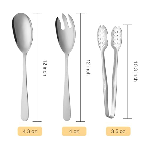 Salad Spoon and Fork Stainless Steel Tong Serving Set, Heavy Duty Smooth Finish Metal Serving Utensils Large Salad Servers for Home Kitchen Party Buffet Supply (Silver) - color: Silver